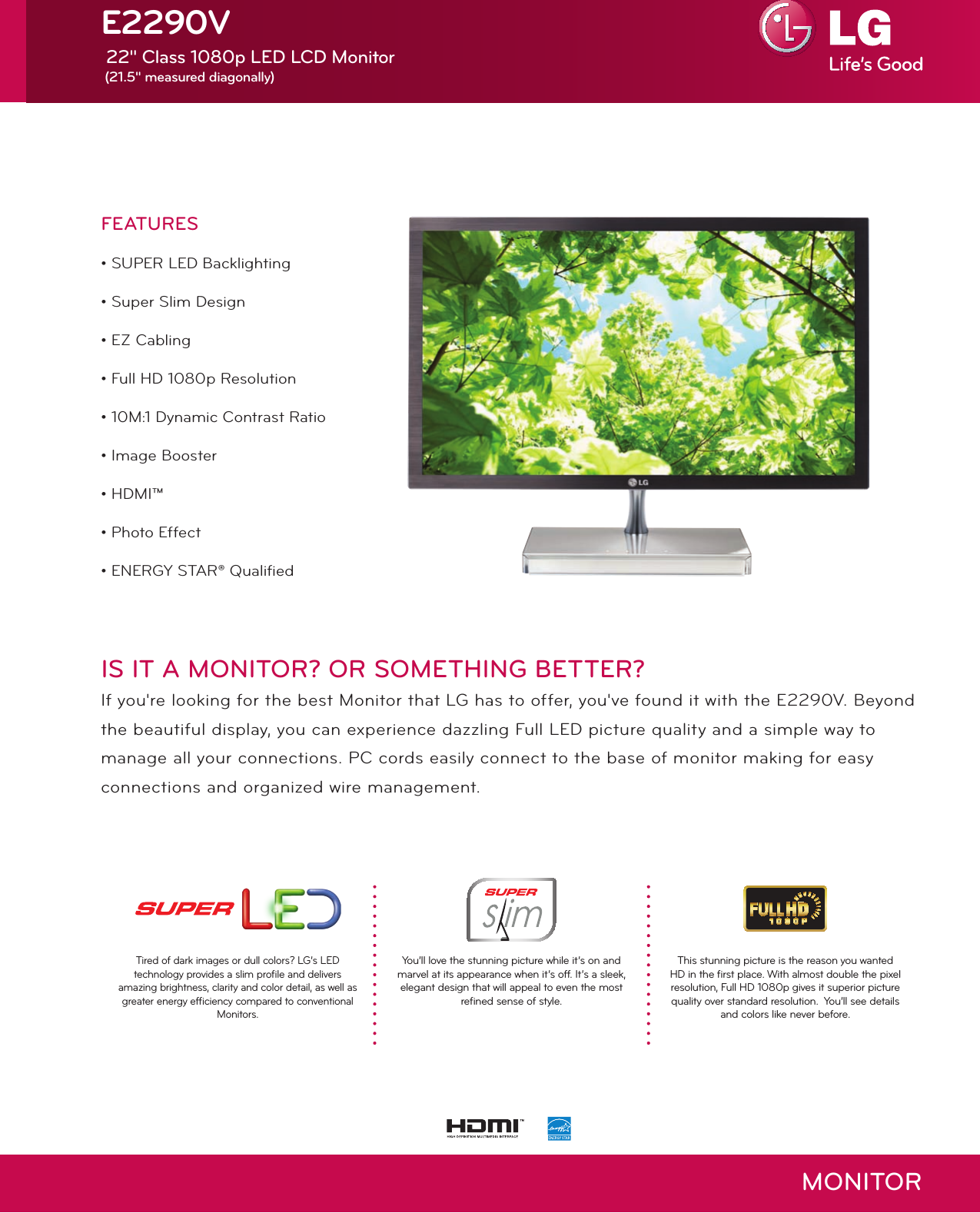 Page 1 of 2 - LG E2290V-SN LED Monitor E2290V Specification User Manual LG-LED-Monitor-E2290V-Specification