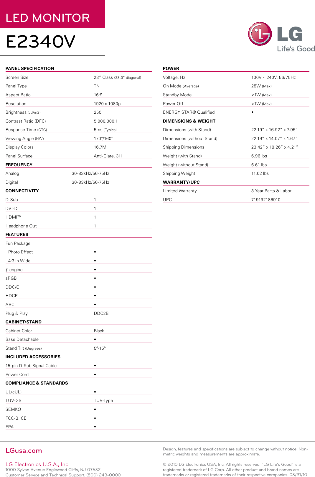 Page 2 of 2 - LG E2340V-PN User Manual Specification E2340V