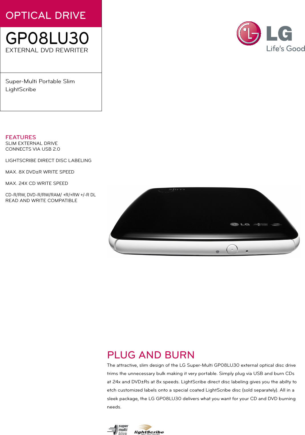 Page 1 of 2 - LG GP08LU30 User Manual Specification Spec Sheets-GP08LU30