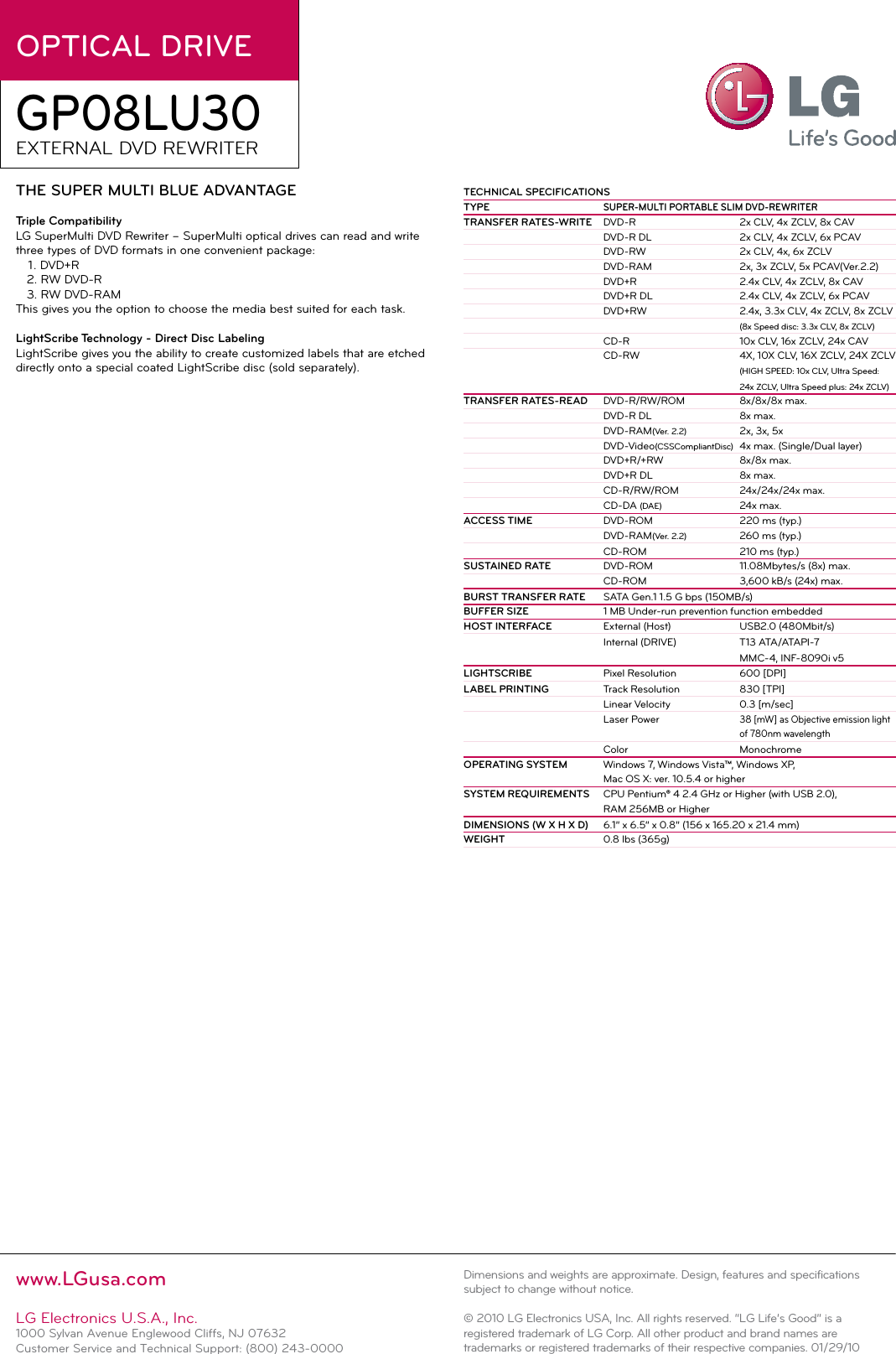 Page 2 of 2 - LG GP08LU30 User Manual Specification Spec Sheets-GP08LU30