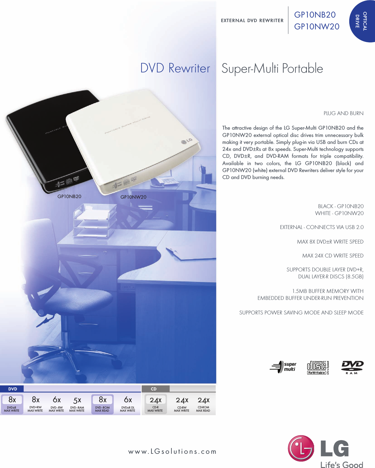 Page 1 of 2 - LG GP10NB20 User Manual Specification Optical Media Spec Sheet
