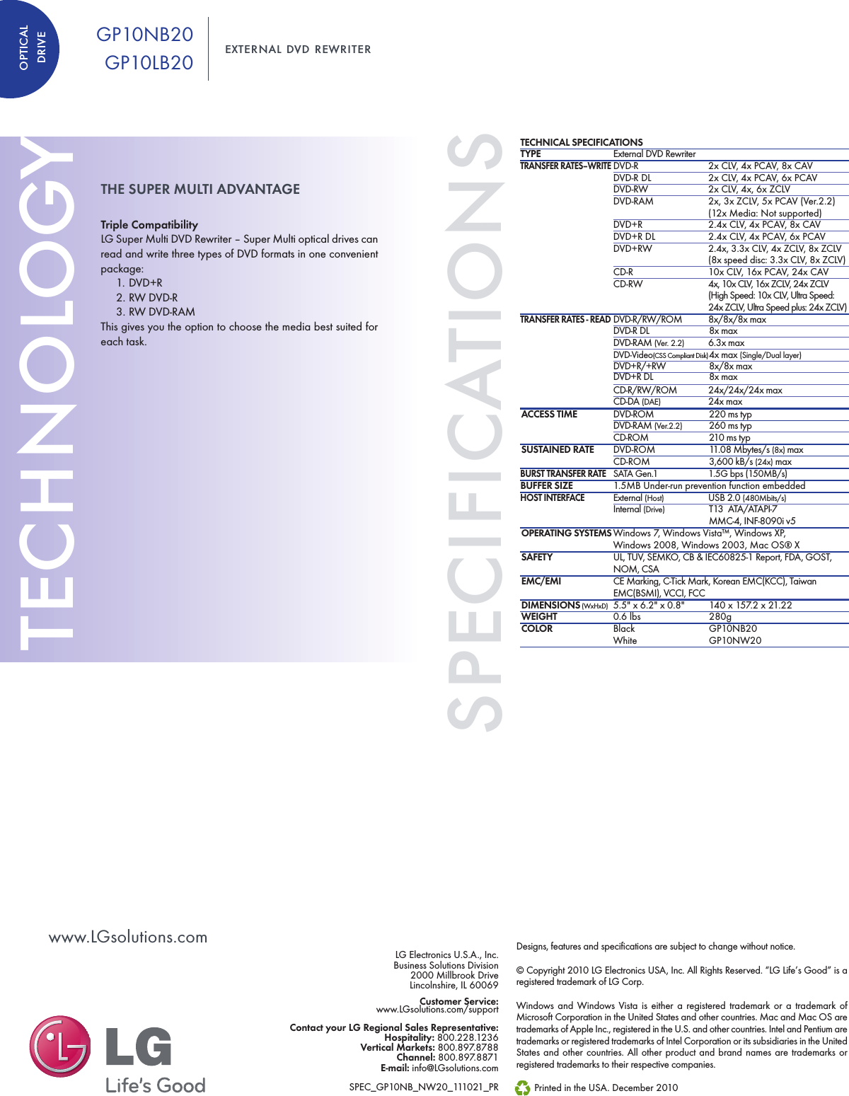 Page 2 of 2 - LG GP10NB20 User Manual Specification Optical Media Spec Sheet
