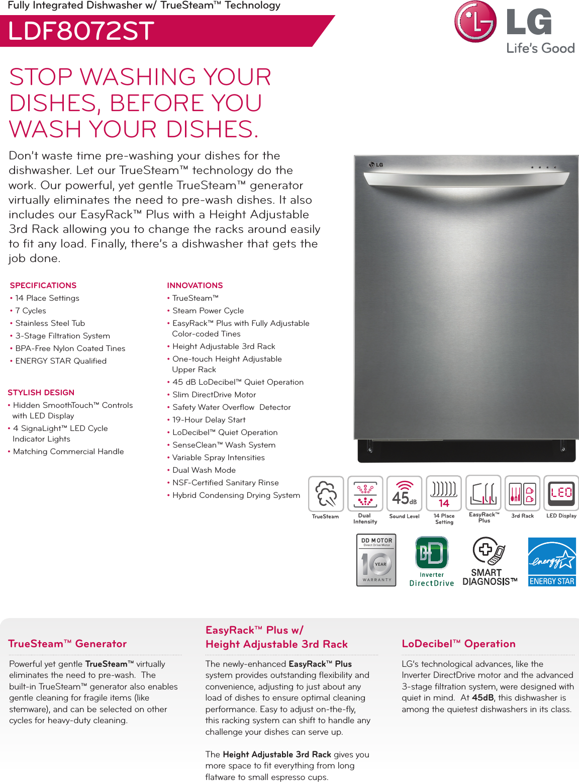Page 1 of 2 - LG LDF8072ST User Manual Specification LDF8072 Dishwasher Spec Sheet