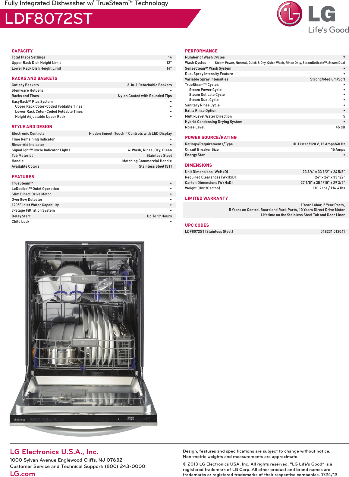 Page 2 of 2 - LG LDF8072ST User Manual Specification LDF8072 Dishwasher Spec Sheet