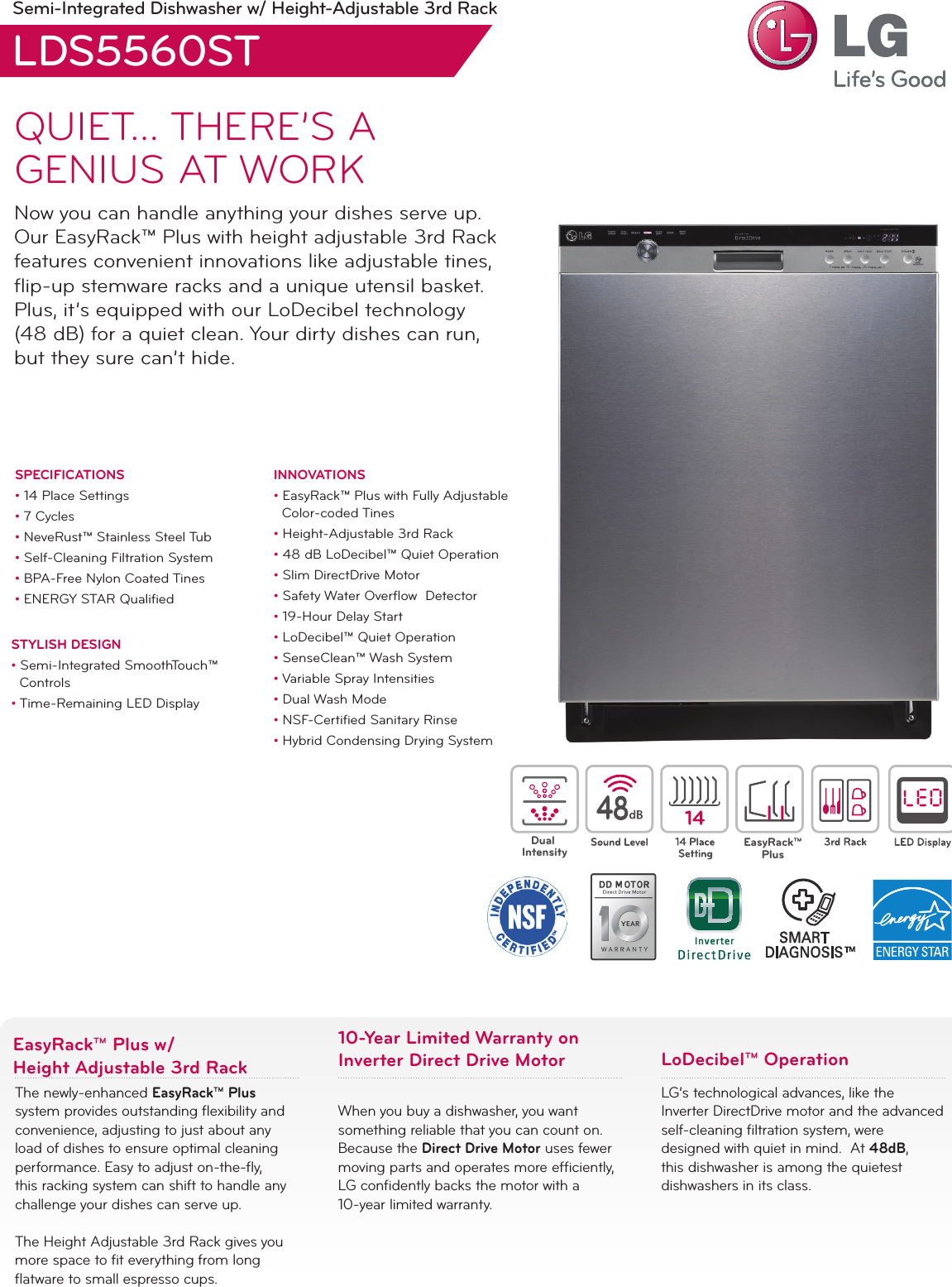 LG LDS5560ST User Manual Specification LDS5560 Dishwasher Spec Sheet