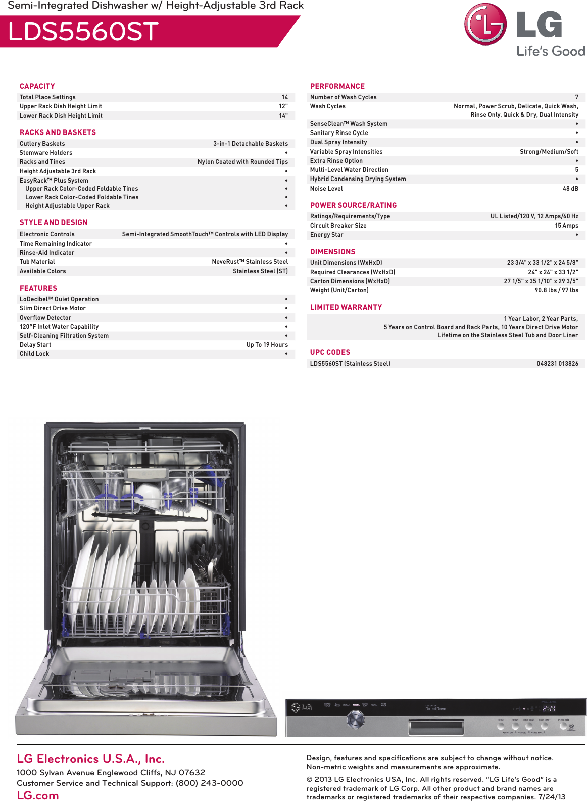 LG LDS5560ST User Manual Specification LDS5560 Dishwasher Spec Sheet