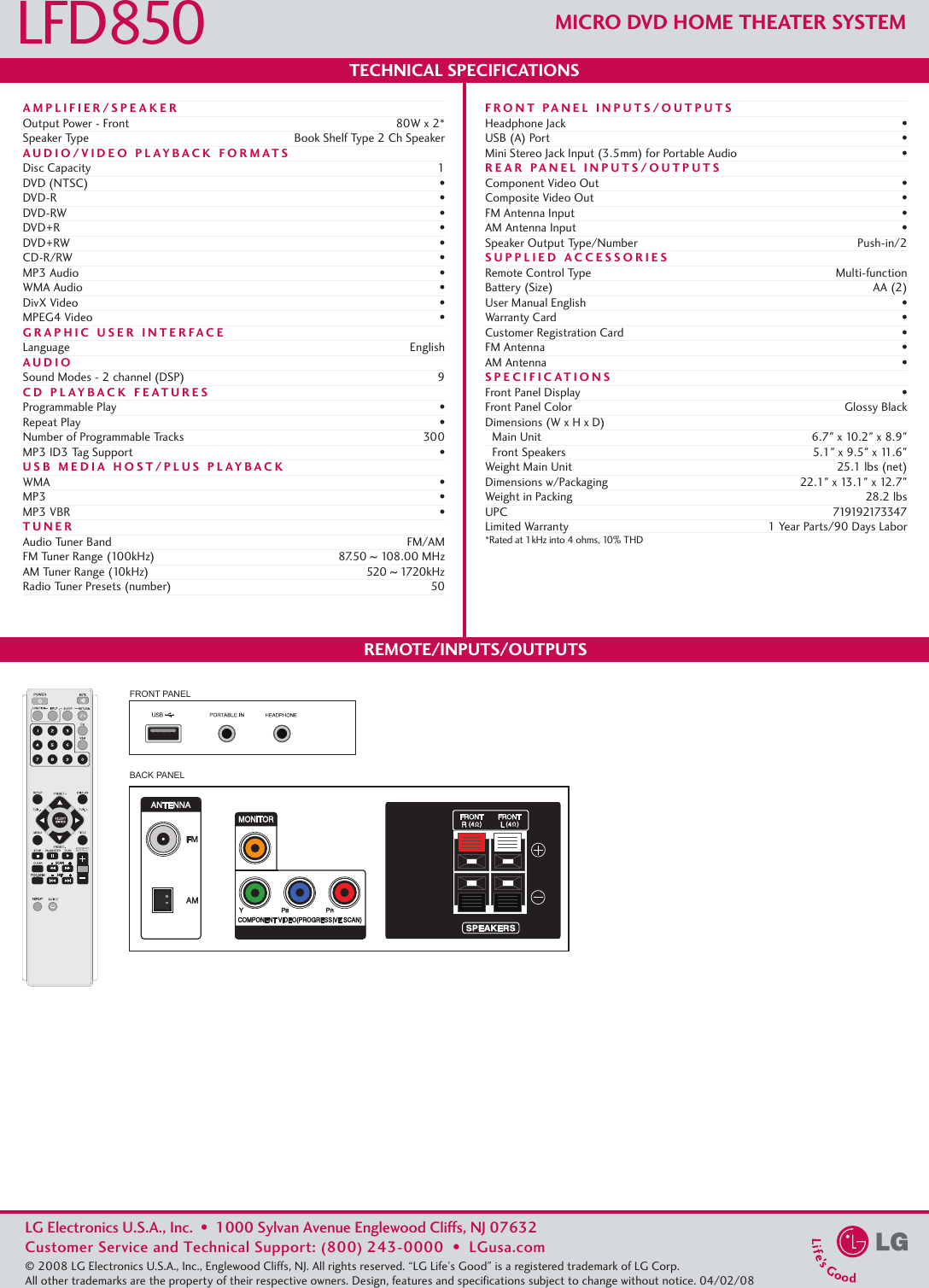 Page 2 of 2 - LG LFD850 User Manual Specification H Spec Sheet