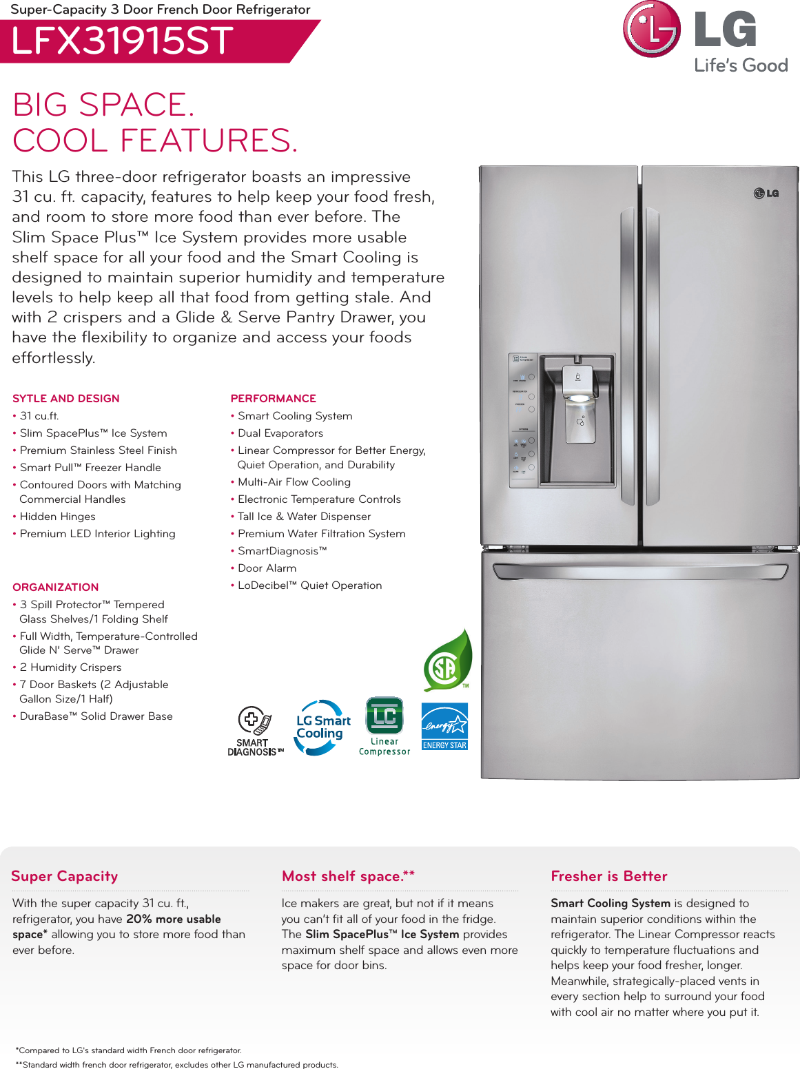 Page 1 of 2 - LG LFX31915ST User Manual Specification Refrigerator Spec Sheet