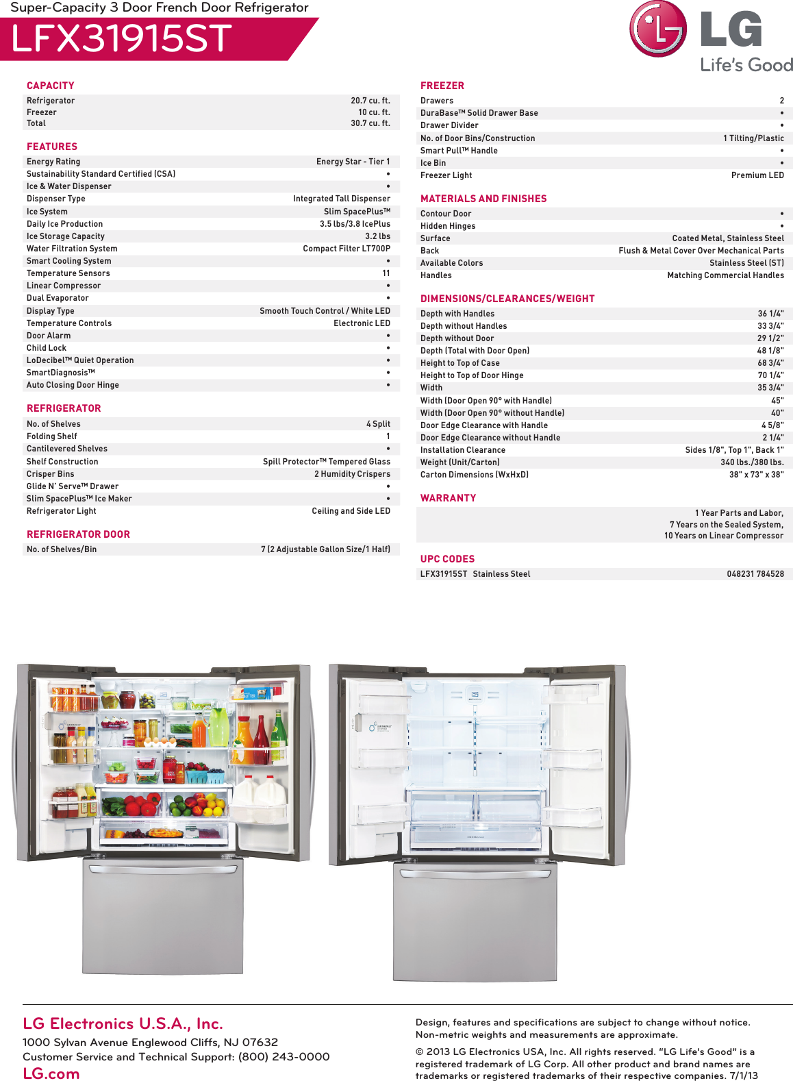Page 2 of 2 - LG LFX31915ST User Manual Specification Refrigerator Spec Sheet