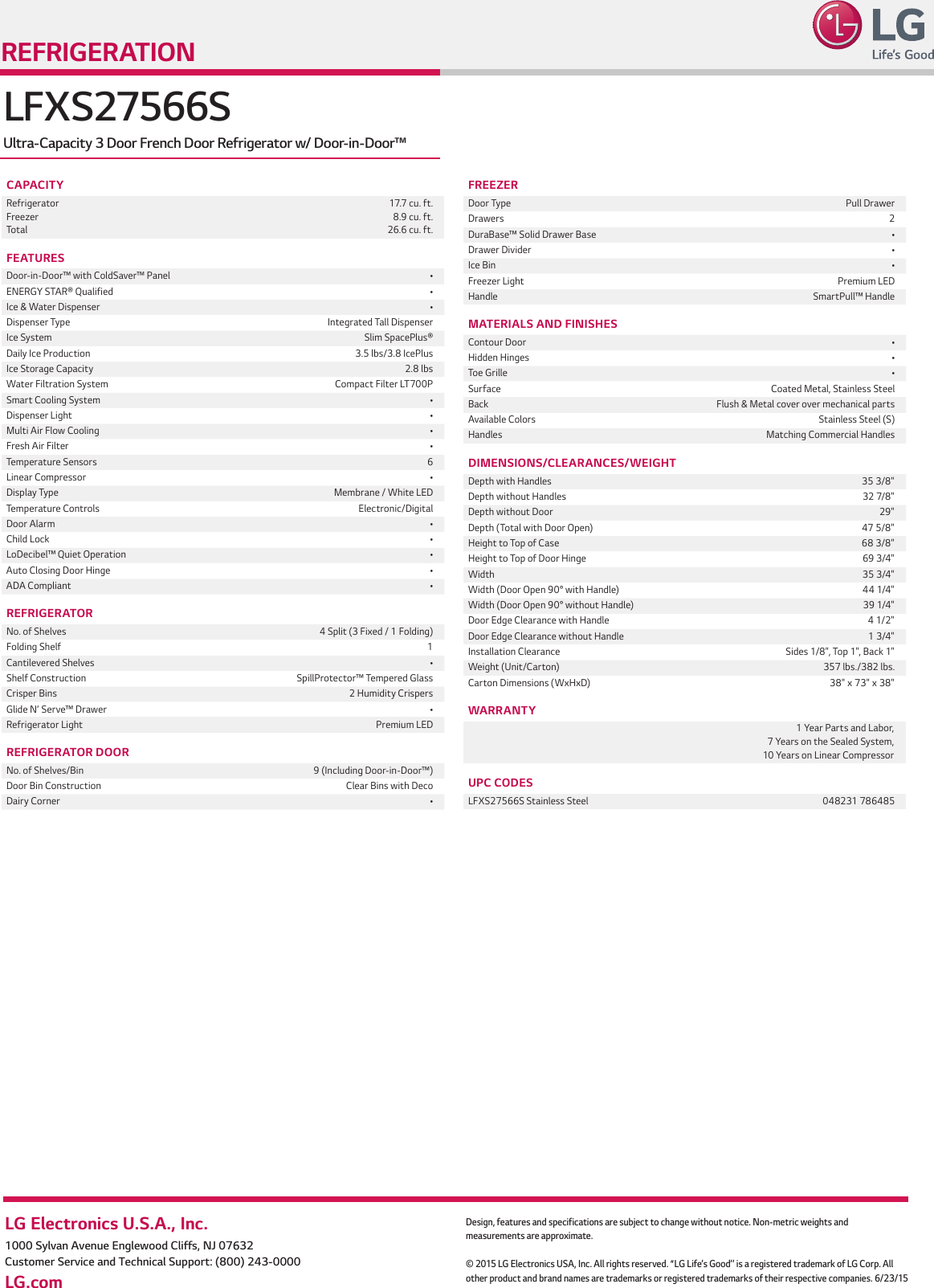 Page 2 of 2 - LG LFXS27566S User Manual Specification Spec Sheet