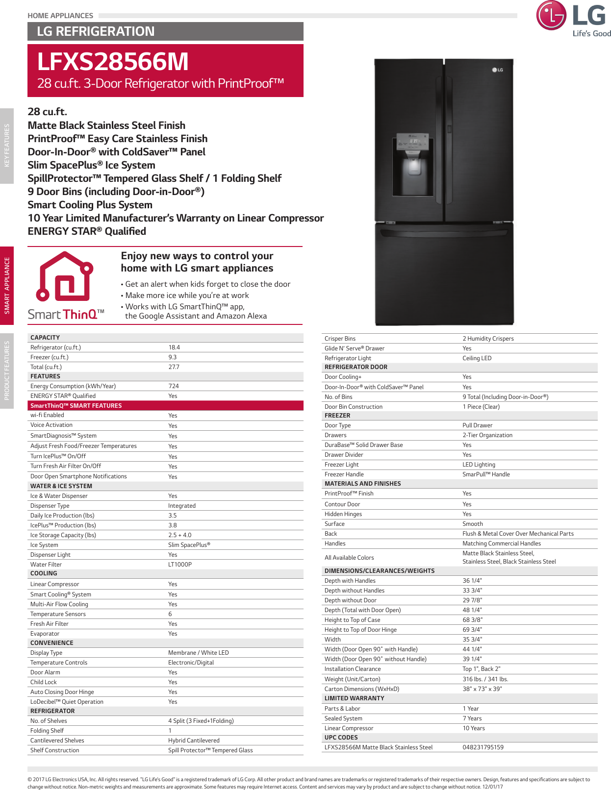 Page 1 of 1 - LG LFXS28566M User Manual Specification Spec Sheet