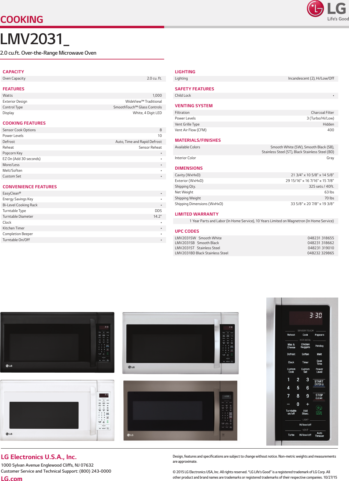 Page 2 of 2 - LG LMV2031BD User Manual Specification LMV2031 Spec Sheet