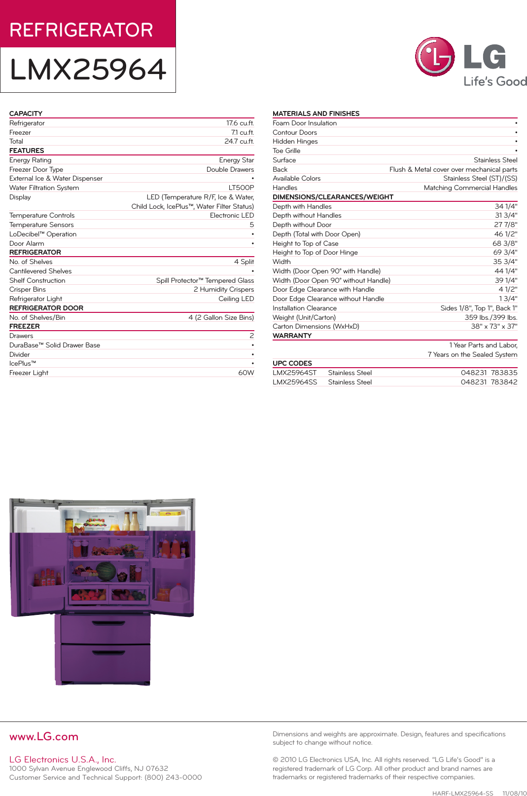 Page 2 of 2 - LG LMX25964ST User Manual Specification LMX25964 Spec Sheet