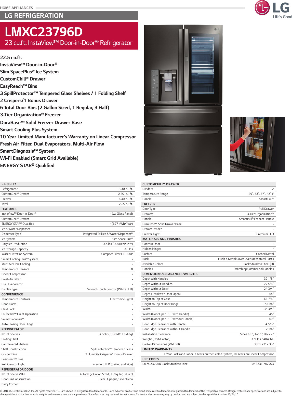 Page 1 of 1 - LG LMXC23796D User Manual Specification Spec Sheet