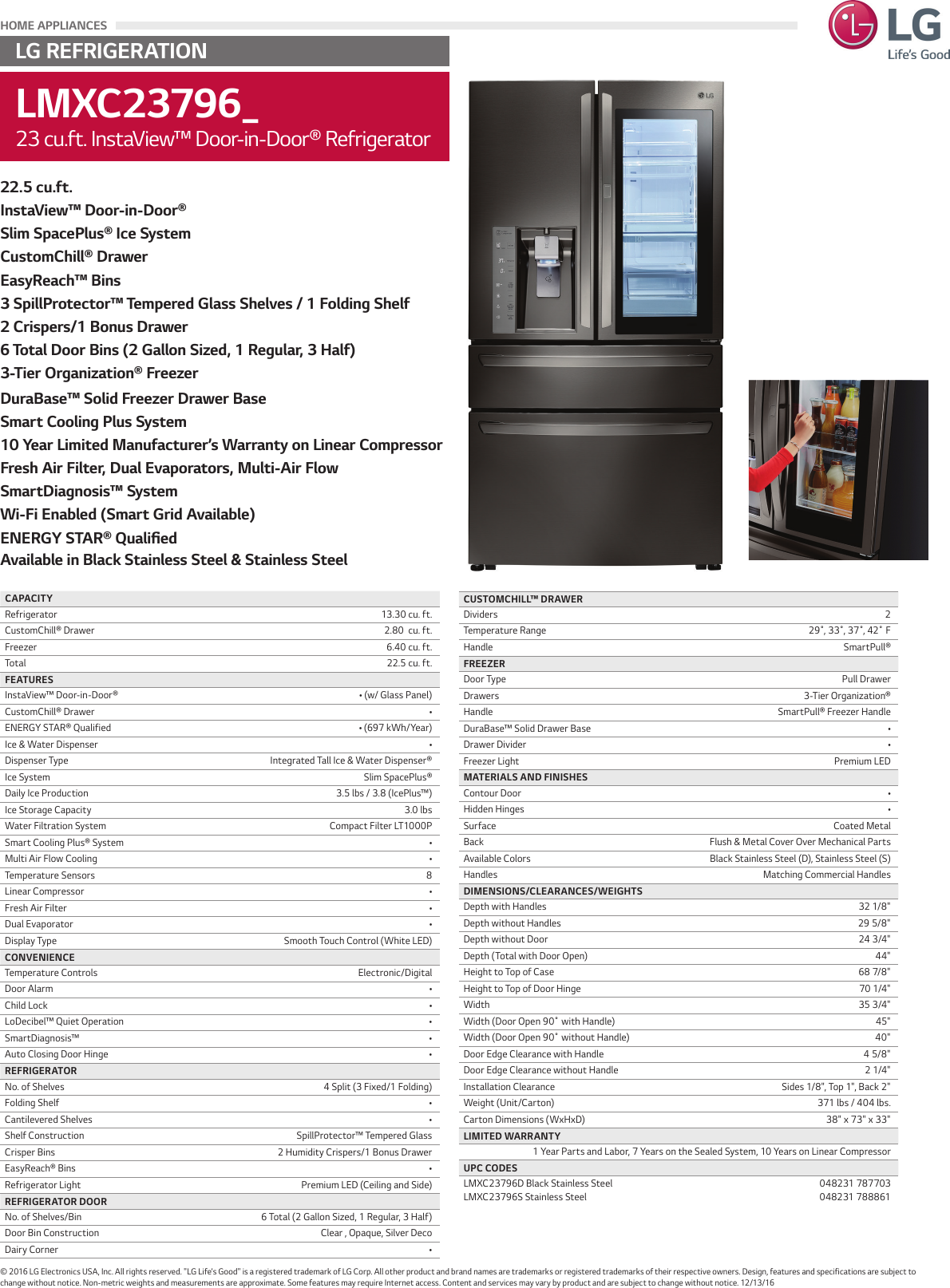 Page 1 of 1 - LG LMXC23796S User Manual Specification LMXC23796 Spec Sheet