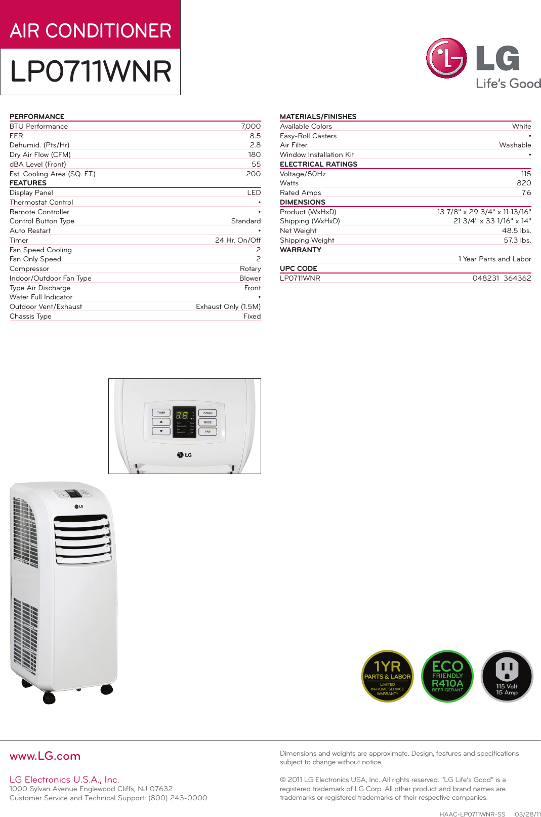 Page 2 of 2 - LG LP0711WNR User Manual Specification Spec Sheet