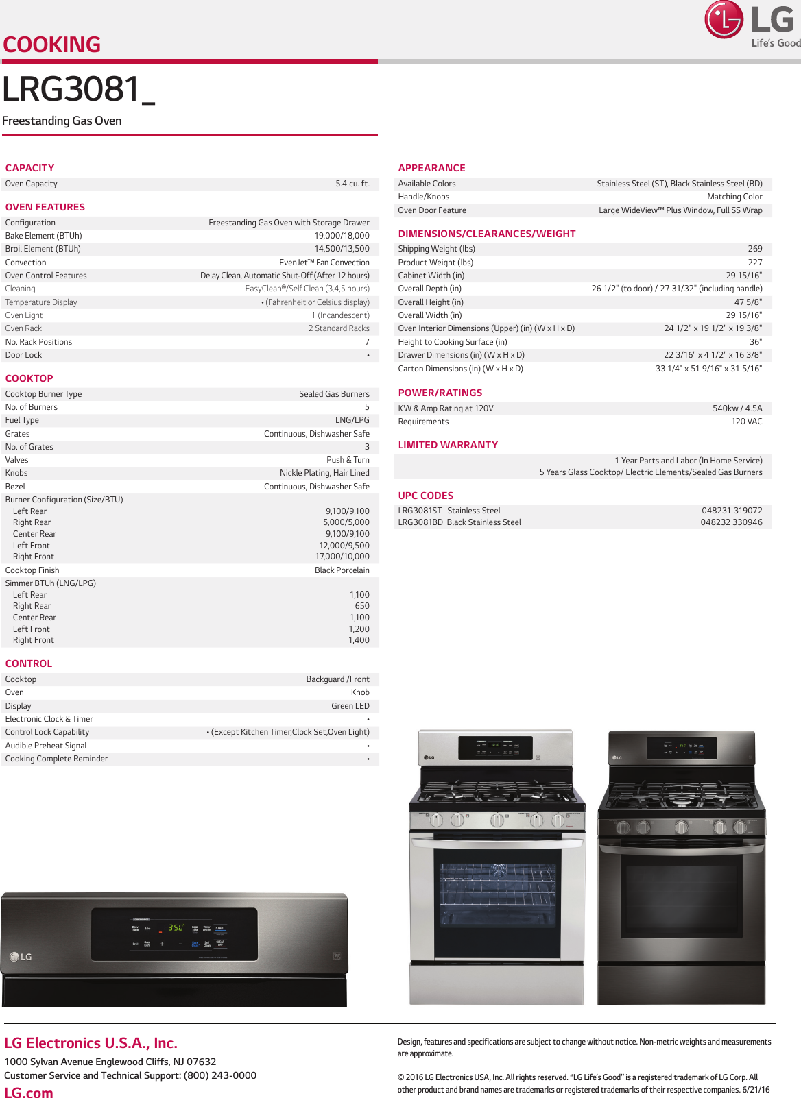 Page 2 of 2 - LG LRG3081ST User Manual Specification LRG3081 Spec Sheet