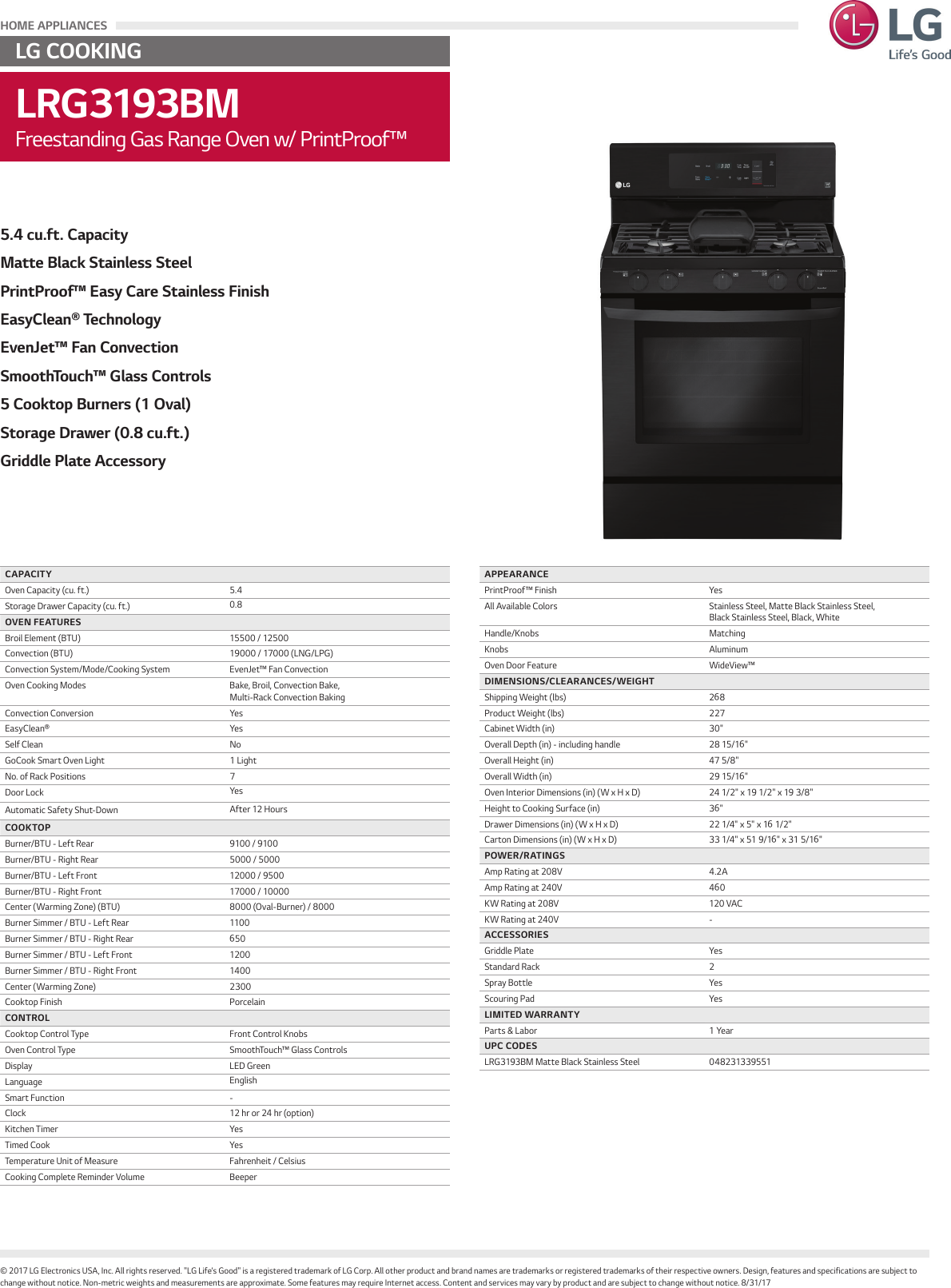 Page 1 of 1 - LG LRG3193BM User Manual Specification Spec Sheet