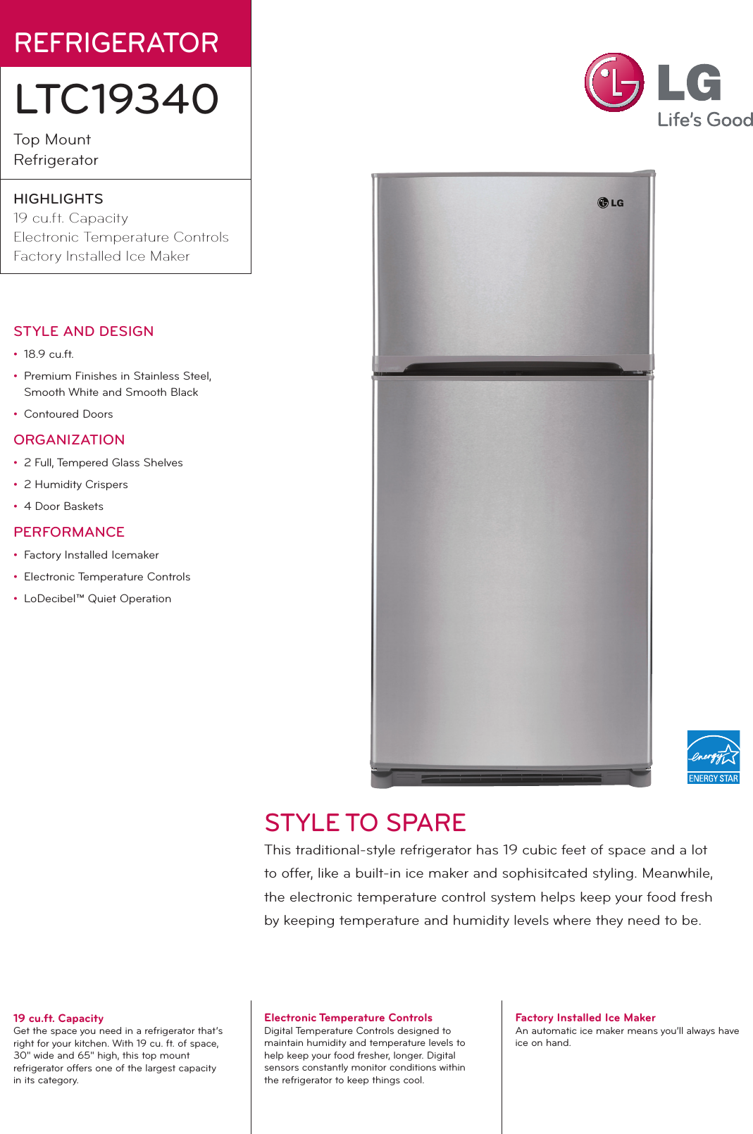 Page 1 of 2 - LG LTC19340SB User Manual Specification LTC19340 Refrigerator Spec Sheet