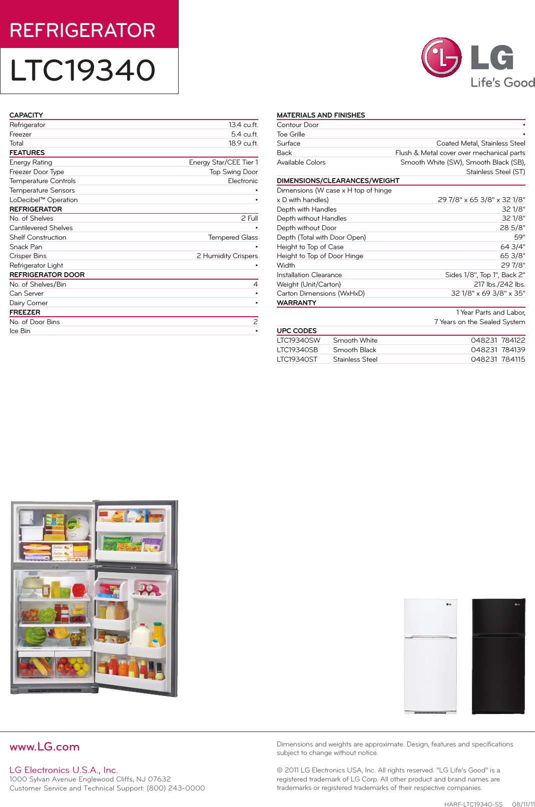 Page 2 of 2 - LG LTC19340SB User Manual Specification LTC19340 Refrigerator Spec Sheet