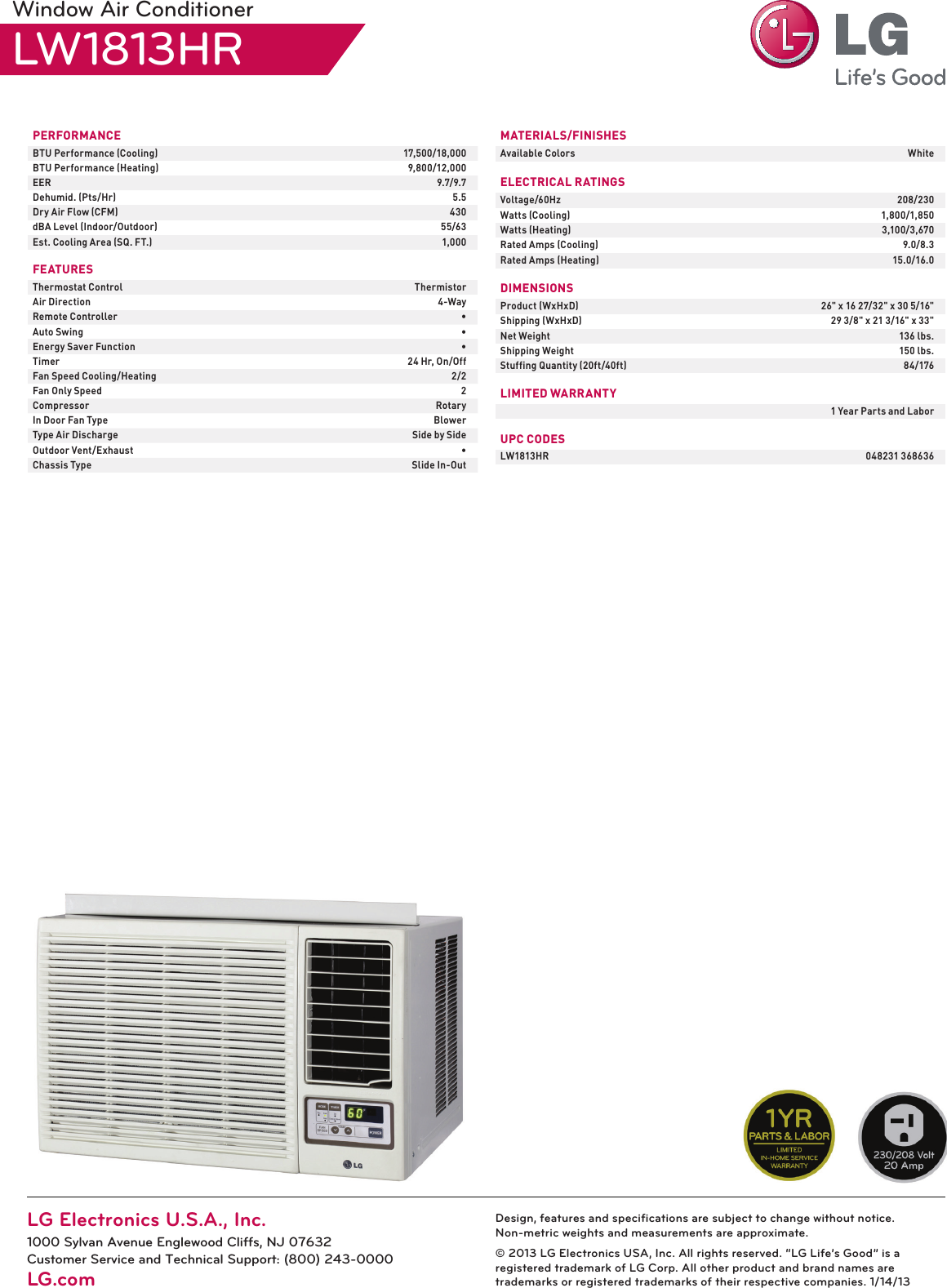 Page 2 of 2 - LG LW1813HR User Manual Specification Air Conditioner Spec Sheet