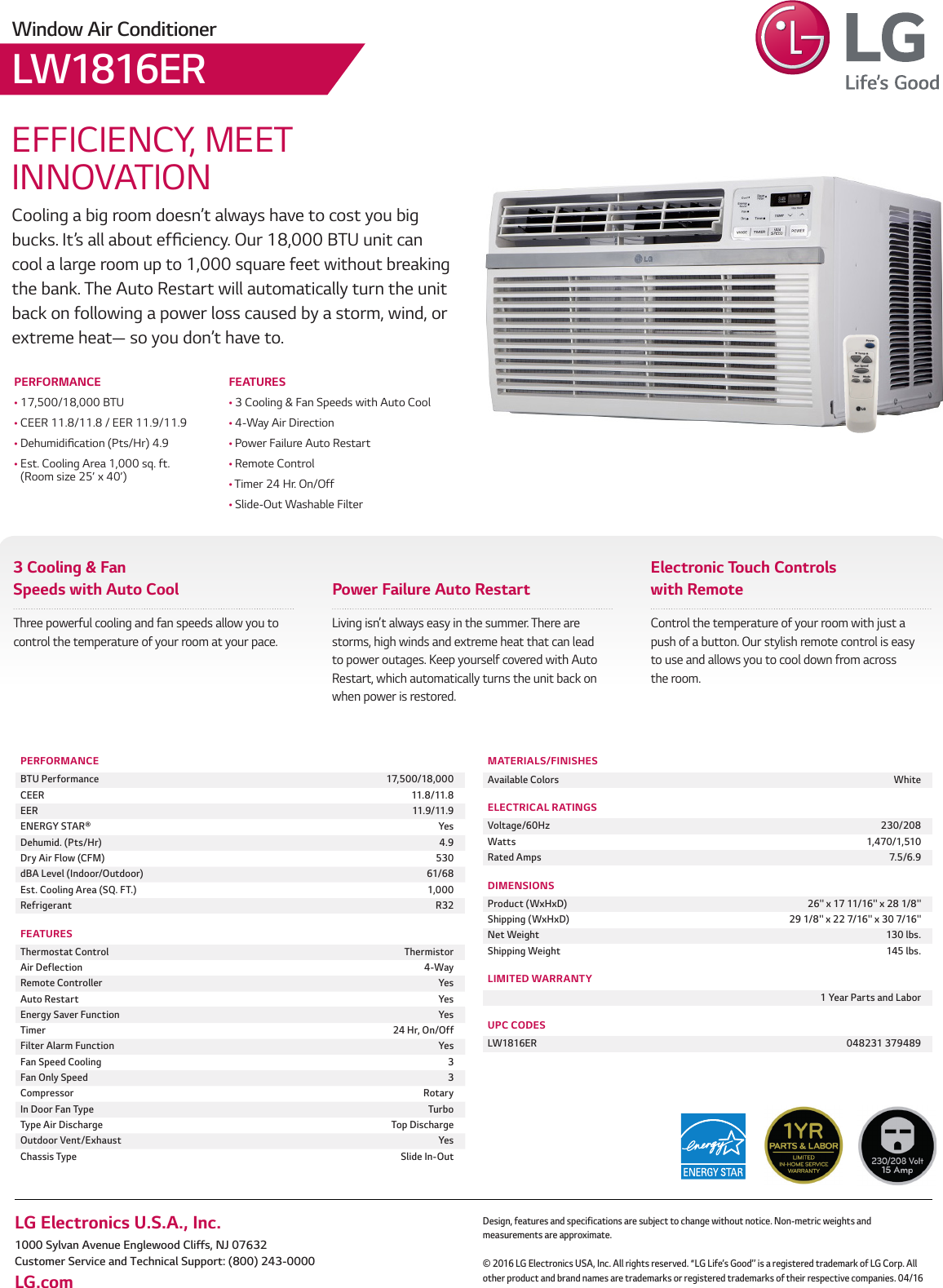 Page 1 of 1 - LG LW1816ER User Manual Specification Spec Sheet