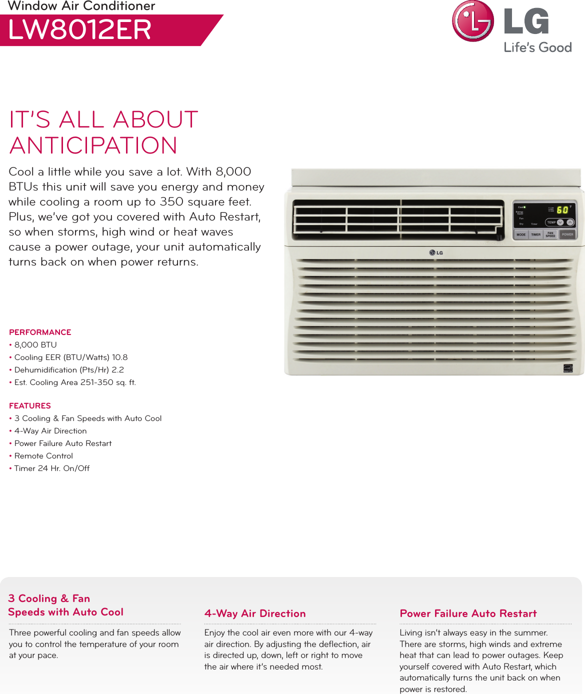 Page 1 of 2 - LG LW8012ER User Manual Specification Air Conditioner Spec Sheet