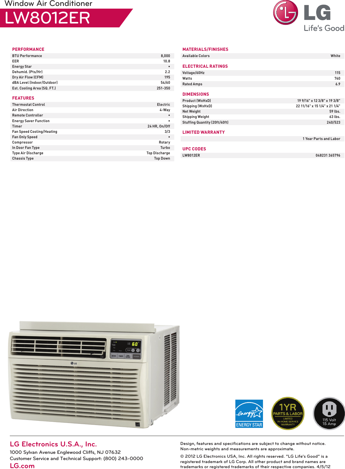 Page 2 of 2 - LG LW8012ER User Manual Specification Air Conditioner Spec Sheet