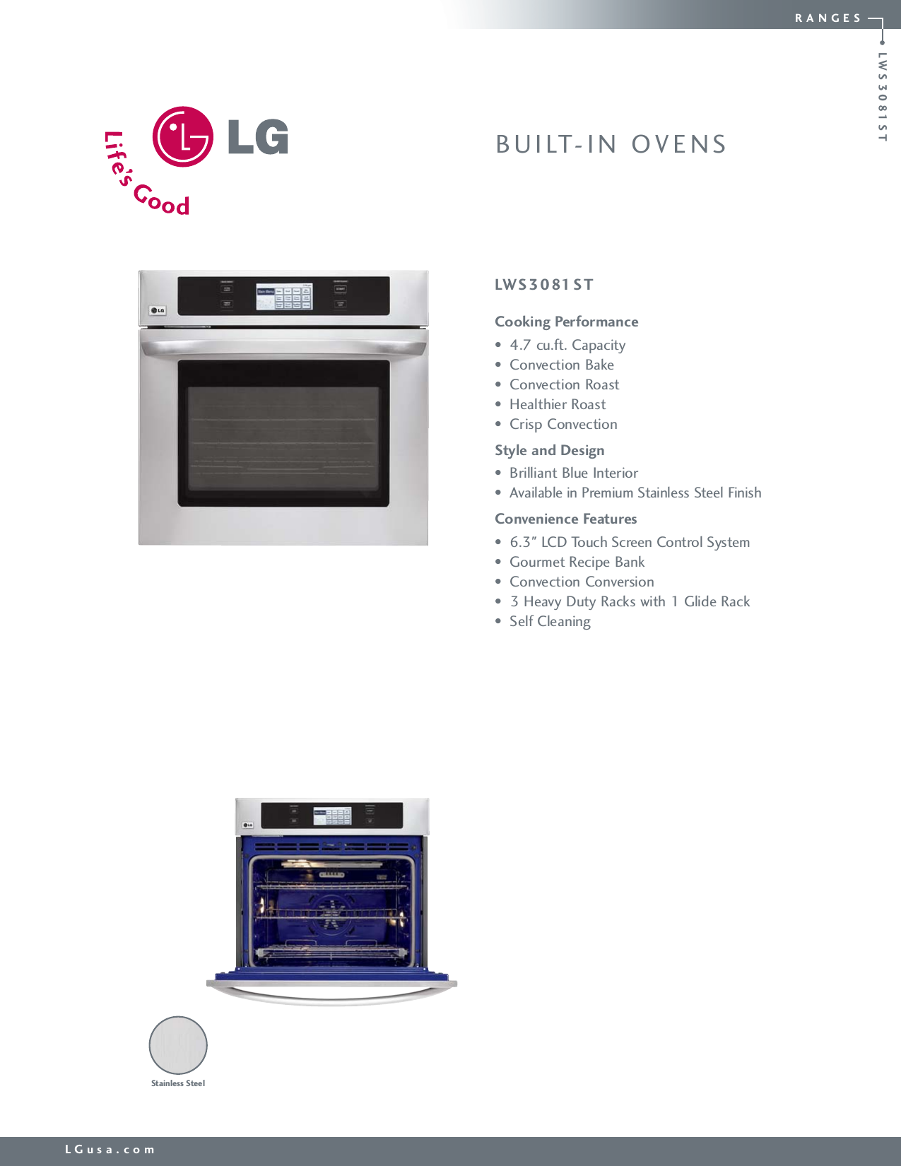 Page 1 of 2 - LG LWS3081ST 20460 Spec Sheet User Manual Specification LWS3081STss