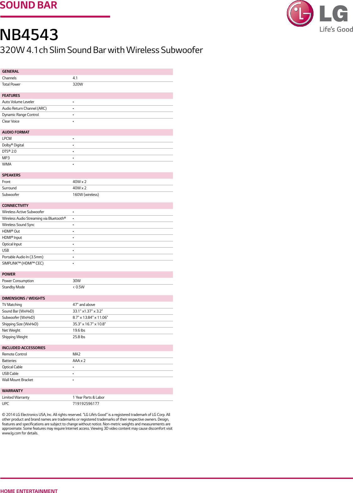 Page 2 of 2 - LG NB4543 User Manual Specification Spec Sheet