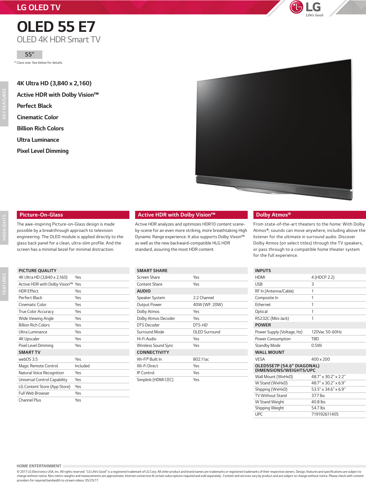 Page 1 of 1 - LG OLED55E7P User Manual Specification OLED 55 E7 Spec Sheet
