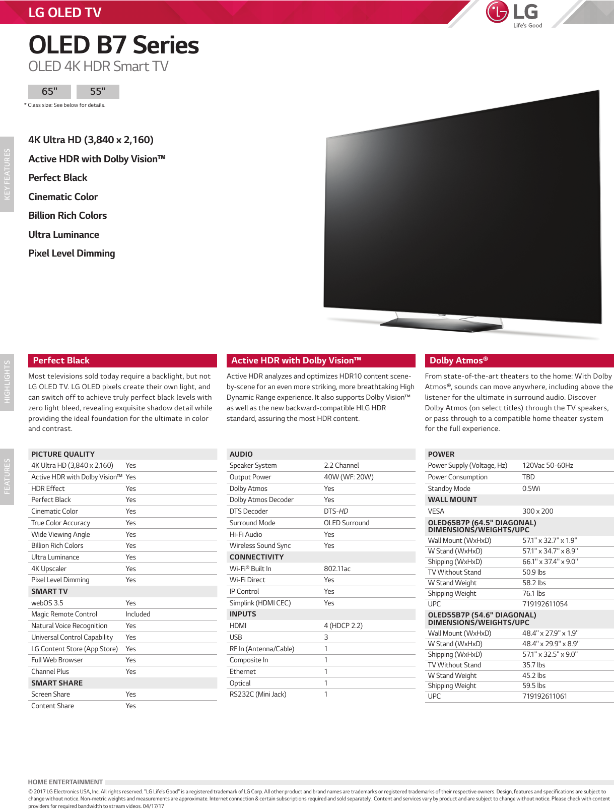 Page 1 of 1 - LG OLED65B7P User Manual Specification OLED B7 Series Spec Sheet