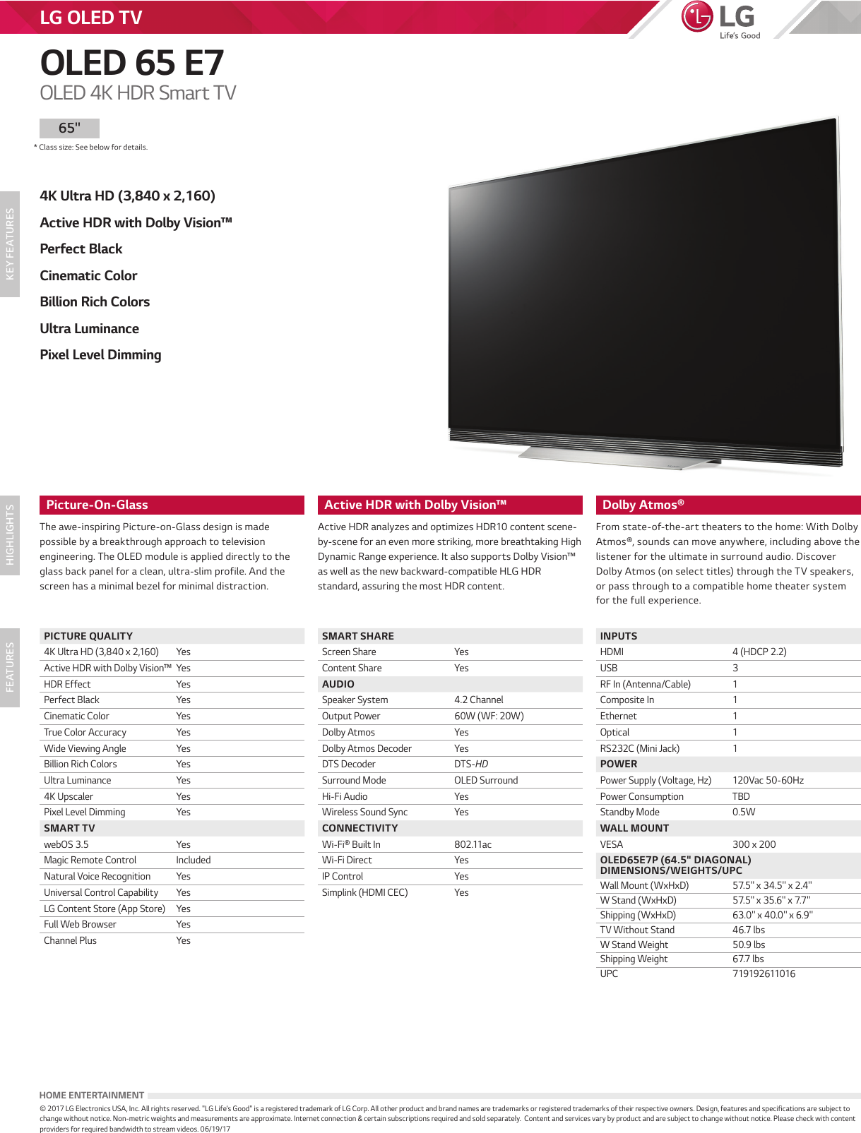 Page 1 of 1 - LG OLED65E7P User Manual Specification OLED 65 E7 Spec Sheet 20170620