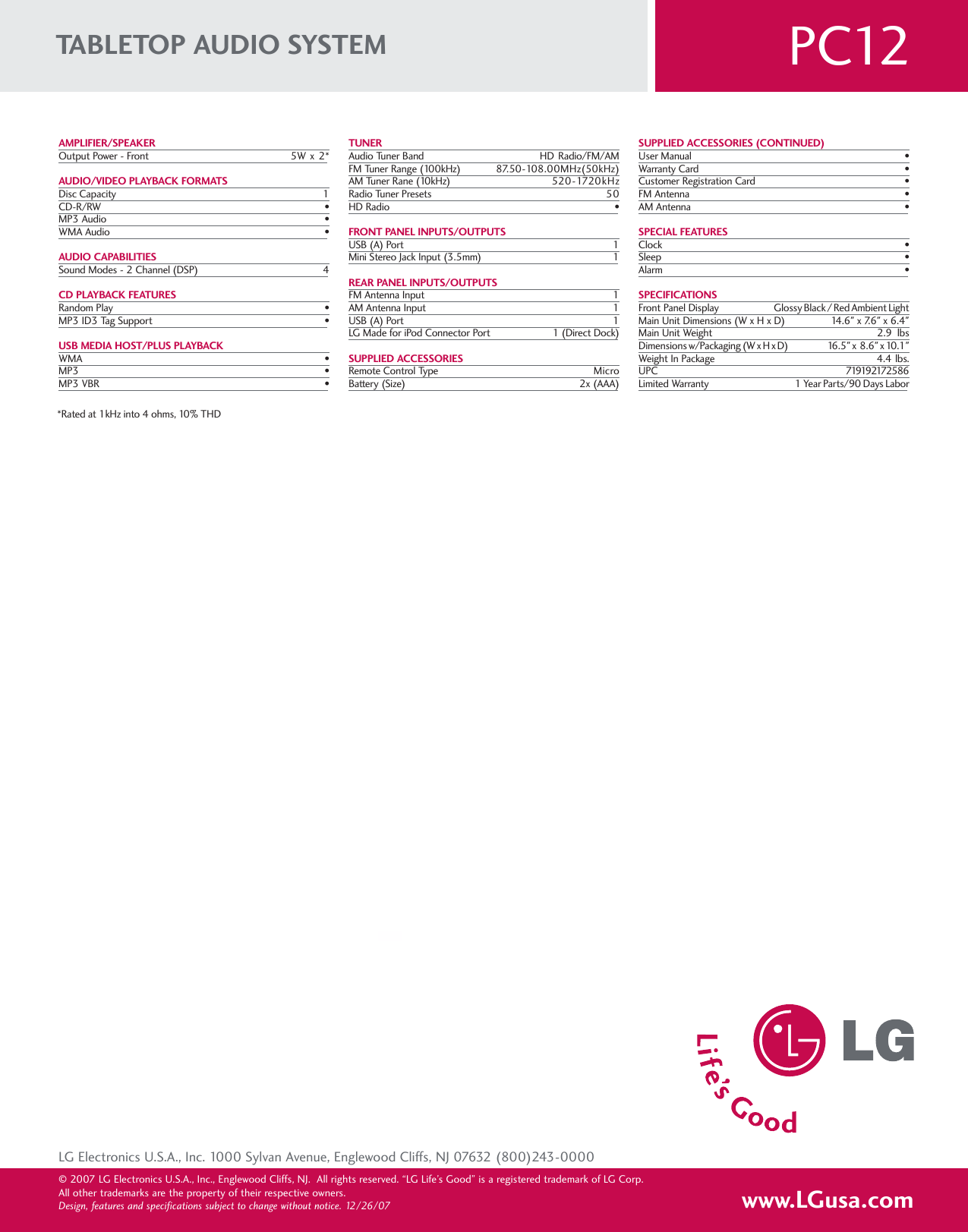 Page 2 of 2 - LG PC12 User Manual Specification H Spec Sheet