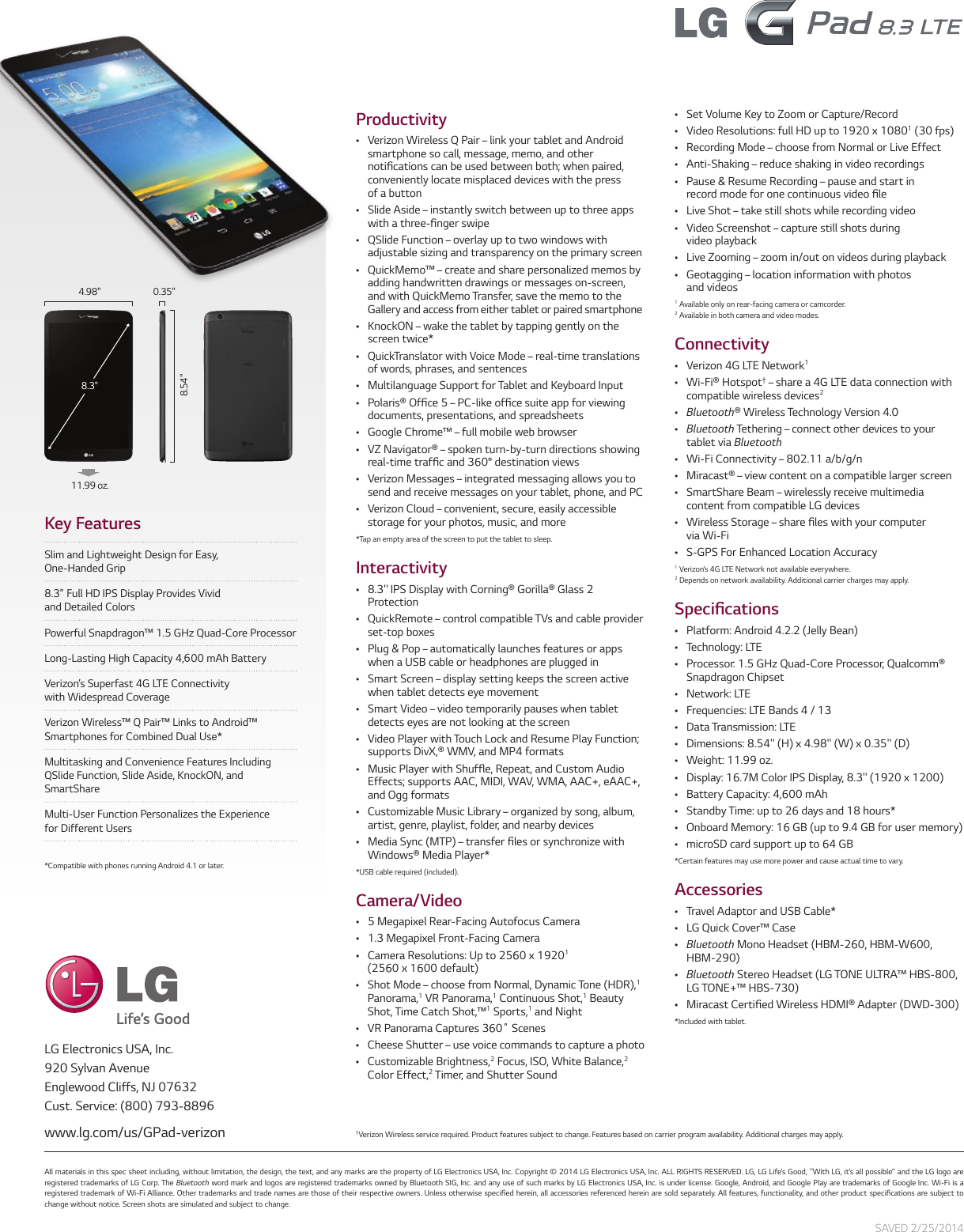 Page 1 of 1 - LG VK810 User Manual Specification E Spec Sheet G Pad Verizon