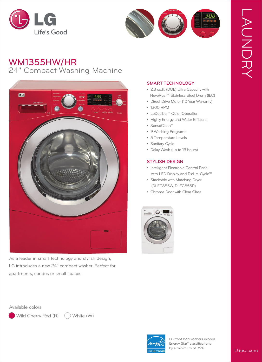 Page 1 of 2 - LG WM1355HW WM1355 Spec Sheet Side 1 User Manual Specification Washer
