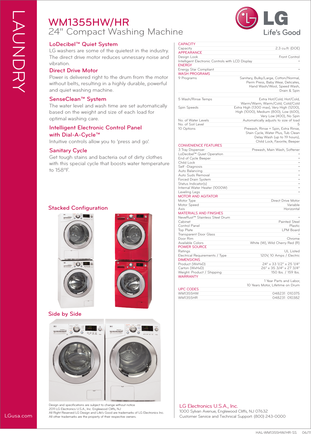 Page 2 of 2 - LG WM1355HW WM1355 Spec Sheet Side 1 User Manual Specification Washer