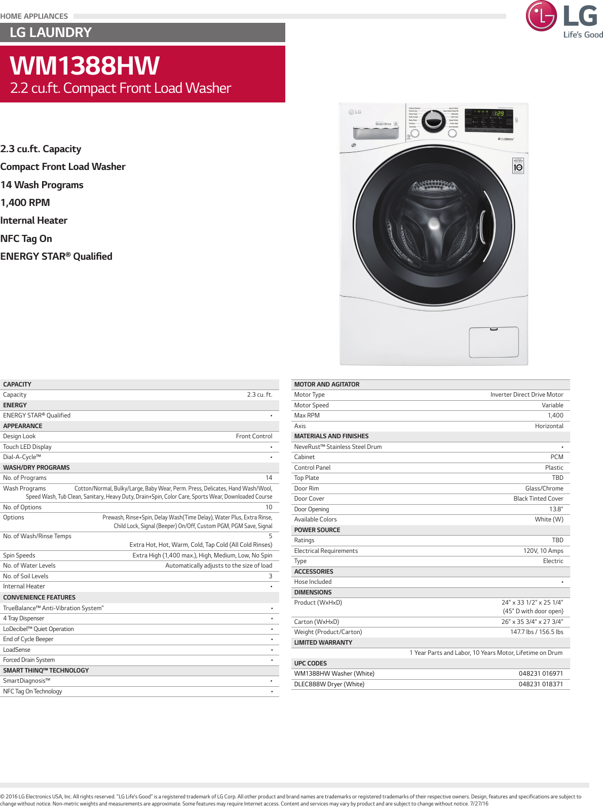 Page 1 of 1 - LG WM1388HW User Manual Specification Spec Sheet