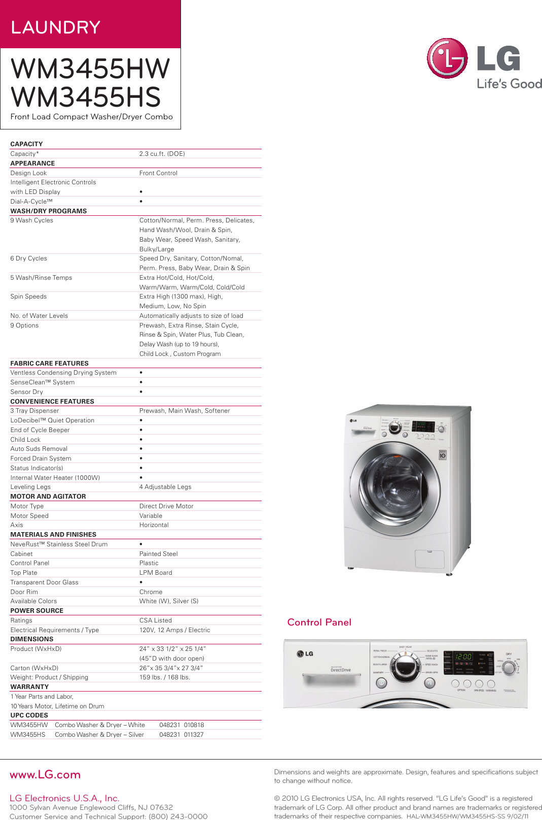 Page 2 of 2 - LG WM3455HS User Manual Specification WM3455H Spec Sheet