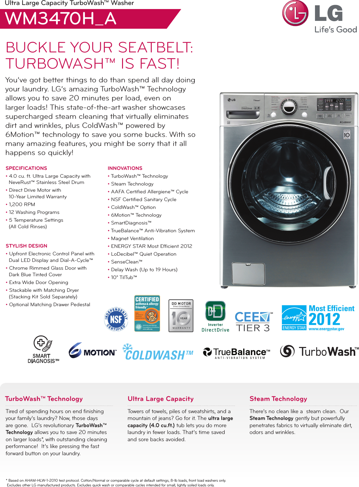 Page 1 of 2 - LG WM3470HWA User Manual Specification WM3470 Washer Spec Sheet