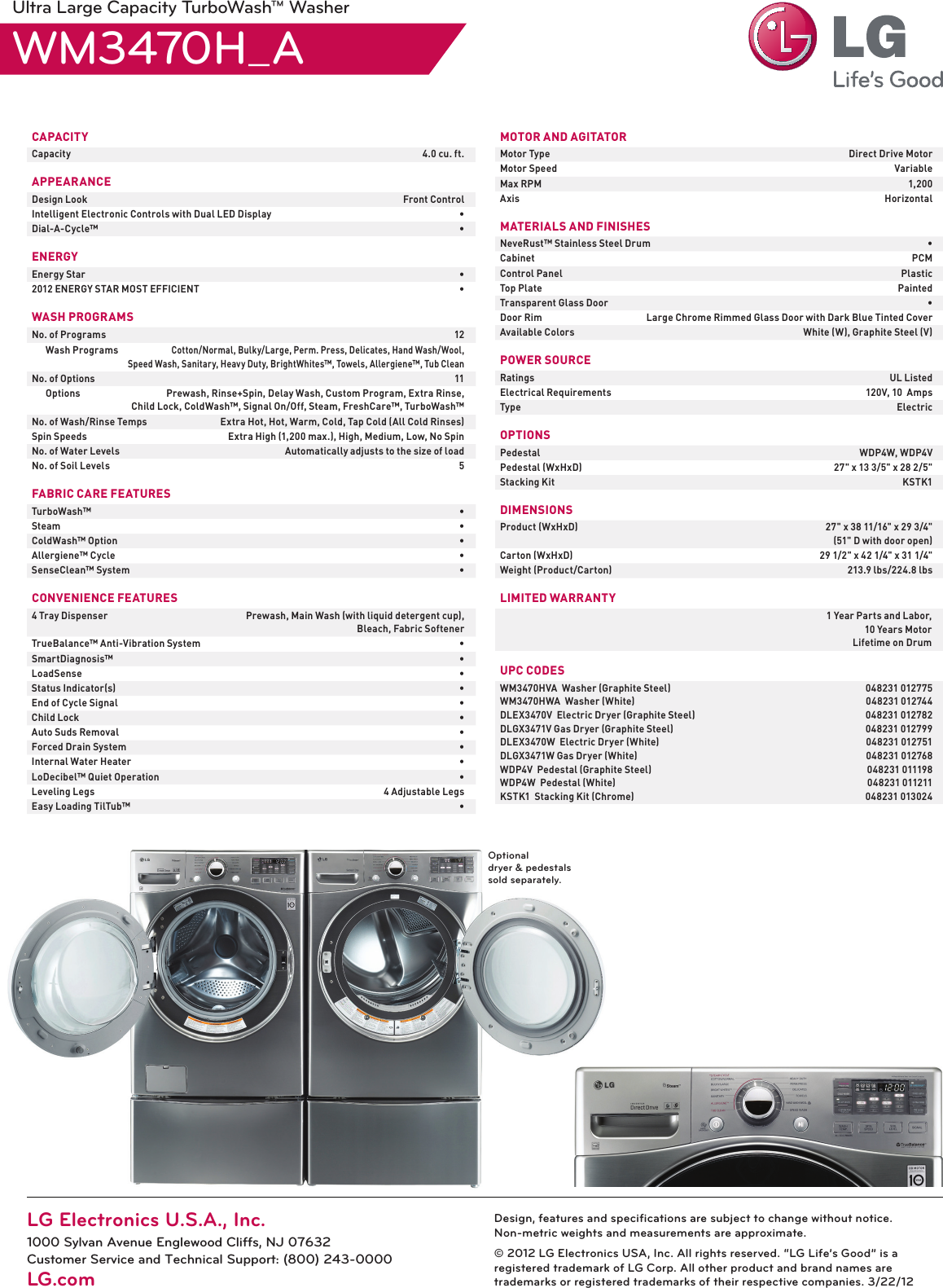 Page 2 of 2 - LG WM3470HWA User Manual Specification WM3470 Washer Spec Sheet