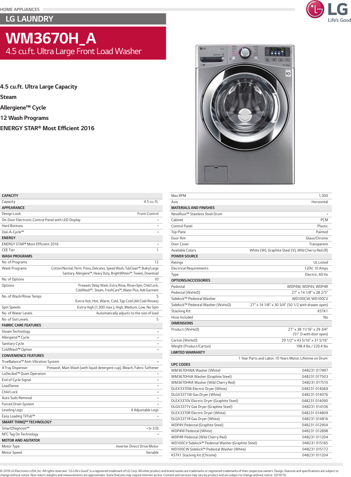 Page 1 of 1 - LG WM3670HRA User Manual Specification WM3670 Spec Sheet
