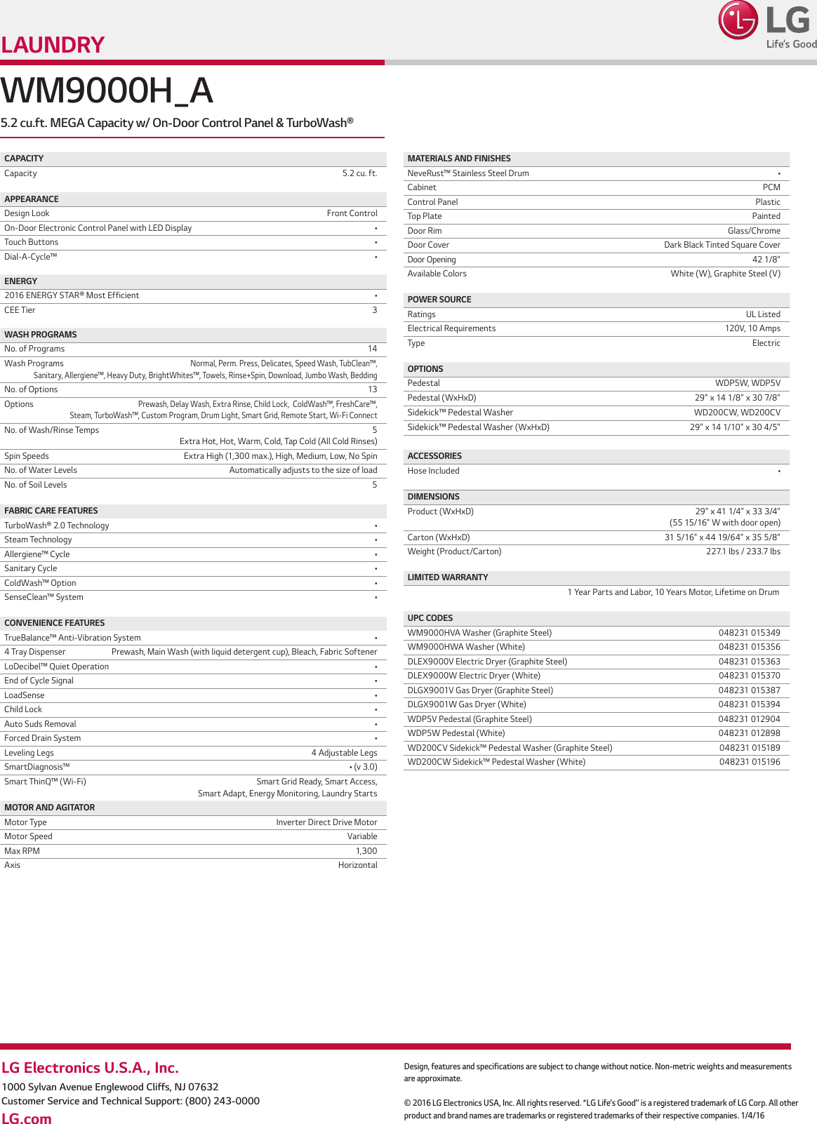 Page 2 of 2 - LG WM9000HVA User Manual Specification WM9000 Spec Sheet