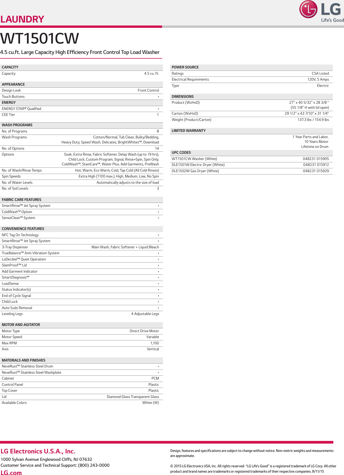 Page 2 of 2 - LG WT1501CW User Manual Specification WT1501 Spec Sheet