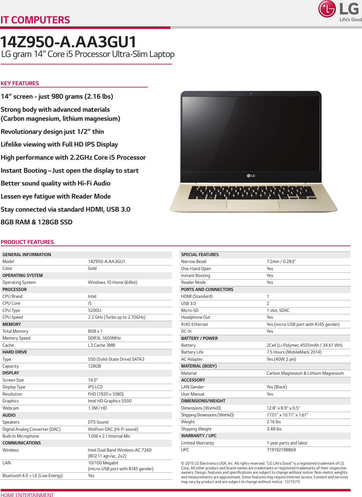 Page 1 of 1 - LG Gram-14Z950-A.AA3GU1 User Manual Specification 14Z950-A.AA3GU1-Spec Sheet