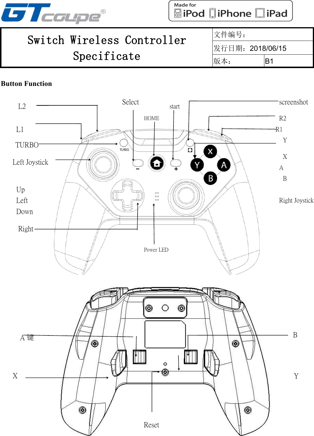 Switch Wireless ControllerSpecificate文件编号：发行日期：2018/06/15版本：B1A键右摇杆B键A键Button FunctionLeftUpscreenshotDownRightPower LEDSelectLeft JoystickTURBOL1L2HOMER2R1XBYstartResetYXABRight Joystick