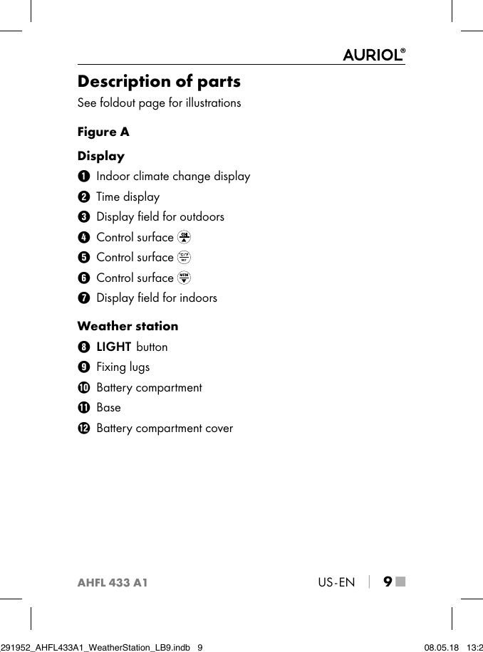 AHFL 433 A1US - EN │ 9 ■Description of partsSee foldout page for illustrationsFigure ADisplay 1  Indoor climate change display2  Time display 3  Display ﬁeld for outdoors 4  Control surface   5  Control surface   6  Control surface   7  Display ﬁeld for indoorsWeather station8 LIGHT  button  9  Fixing lugs0  Battery compartmentq Basew  Battery compartment coverIB_291952_AHFL433A1_WeatherStation_LB9.indb   9 08.05.18   13:29