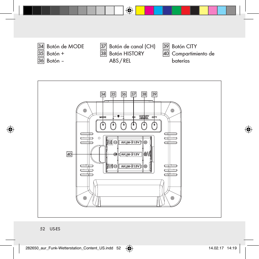 52  US-ES34    Botón de MODE35    Botón  +36    Botón  –37    Botón de canal (CH)38    Botón  HISTORY ABS / REL39    Botón  CITY40    Compartimiento  de baterías4034 35 36 37 38 39282650_aur_Funk-Wetterstation_Content_US.indd   52 14.02.17   14:19