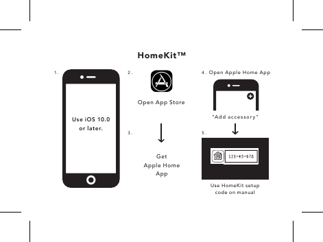 Use HomeKit setup  code on manualHomeKit&trade;&ldquo;Add accessory&rdquo;Open Apple Home App1. 2. 4.5.3.Open App StoreGet  Apple Home  AppUse iOS 10.0  or later.