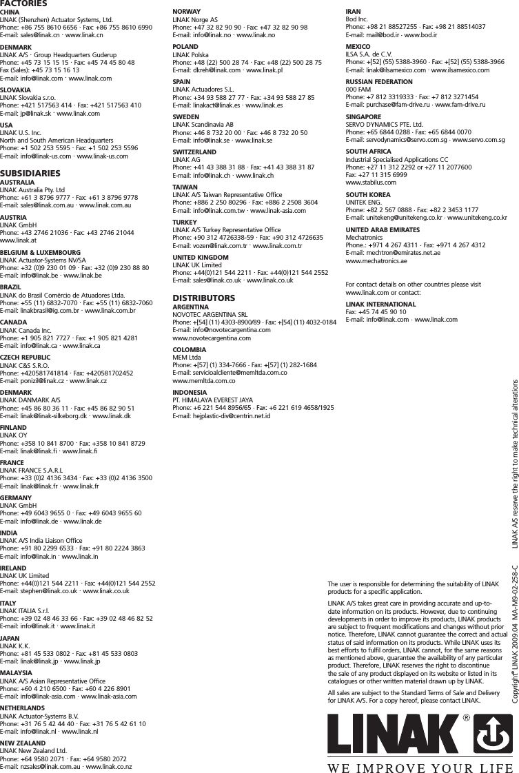 Copyright© LINAK 2009.04  MA-M9-02-258-C   LINAK A/S reserve the right to make technical alterationsThe user is responsible for determining the suitability of LINAK products for a speciﬁ c application.LINAK A/S takes great care in providing accurate and up-to-date information on its products. However, due to continuing developments in order to improve its products, LINAK products are subject to frequent modiﬁ cations and changes without prior notice. Therefore, LINAK cannot guarantee the correct and actual status of said information on its products. While LINAK uses its best efforts to fulﬁ l orders, LINAK cannot, for the same reasons as mentioned above, guarantee the availability of any particular product. Therefore, LINAK reserves the right to discontinue the sale of any product displayed on its website or listed in its catalogues or other written material drawn up by LINAK.All sales are subject to the Standard Terms of Sale and Delivery for LINAK A/S. For a copy hereof, please contact LINAK.FACTORIESCHINALINAK (Shenzhen) Actuator Systems, Ltd.Phone: +86 755 8610 6656 . Fax: +86 755 8610 6990E-mail: sales@linak.cn . www.linak.cnDENMARKLINAK A/S . Group Headquarters GuderupPhone: +45 73 15 15 15 . Fax: +45 74 45 80 48Fax (Sales): +45 73 15 16 13E-mail: info@linak.com . www.linak.comSLOVAKIALINAK Slovakia s.r.o.Phone: +421 517563 414 . Fax: +421 517563 410E-mail: jp@linak.sk . www.linak.comUSALINAK U.S. Inc.North and South American HeadquartersPhone: +1 502 253 5595 . Fax: +1 502 253 5596E-mail: info@linak-us.com . www.linak-us.comSUBSIDIARIESAUSTRALIALINAK Australia Pty. LtdPhone: +61 3 8796 9777 . Fax: +61 3 8796 9778E-mail: sales@linak.com.au . www.linak.com.auAUSTRIALINAK GmbHPhone: +43 2746 21036 . Fax: +43 2746 21044www.linak.atBELGIUM &amp; LUXEMBOURGLINAK Actuator-Systems NV/SAPhone: +32 (0)9 230 01 09 . Fax: +32 (0)9 230 88 80E-mail: info@linak.be . www.linak.beBRAZILLINAK do Brasil Comércio de Atuadores Ltda.Phone: +55 (11) 6832-7070 . Fax: +55 (11) 6832-7060E-mail: linakbrasil@ig.com.br . www.linak.com.brCANADALINAK Canada Inc.Phone: +1 905 821 7727 . Fax: +1 905 821 4281 E-mail: info@linak.ca . www.linak.caCZECH REPUBLICLINAK C&amp;S S.R.O.Phone: +420581741814 . Fax: +420581702452 E-mail: ponizil@linak.cz . www.linak.czDENMARKLINAK DANMARK A/SPhone: +45 86 80 36 11 . Fax: +45 86 82 90 51E-mail: linak@linak-silkeborg.dk . www.linak.dkFINLANDLINAK OYPhone: +358 10 841 8700 . Fax: +358 10 841 8729E-mail: linak@linak.fi . www.linak.fiFRANCELINAK FRANCE S.A.R.LPhone: +33 (0)2 4136 3434 . Fax: +33 (0)2 4136 3500E-mail: linak@linak.fr . www.linak.frGERMANYLINAK GmbHPhone: +49 6043 9655 0 . Fax: +49 6043 9655 60E-mail: info@linak.de . www.linak.deINDIALINAK A/S India Liaison OfficePhone: +91 80 2299 6533 . Fax: +91 80 2224 3863E-mail: info@linak.in . www.linak.in IRELANDLINAK UK LimitedPhone: +44(0)121 544 2211 . Fax: +44(0)121 544 2552E-mail: stephen@linak.co.uk . www.linak.co.ukITALYLINAK ITALIA S.r.l.Phone: +39 02 48 46 33 66 . Fax: +39 02 48 46 82 52E-mail: info@linak.it . www.linak.itJAPANLINAK K.K.Phone: +81 45 533 0802 . Fax: +81 45 533 0803E-mail: linak@linak.jp . www.linak.jpMALAYSIALINAK A/S Asian Representative OfficePhone: +60 4 210 6500 . Fax: +60 4 226 8901E-mail: info@linak-asia.com . www.linak-asia.comNETHERLANDSLINAK Actuator-Systems B.V.Phone: +31 76 5 42 44 40 . Fax: +31 76 5 42 61 10E-mail: info@linak.nl . www.linak.nlNEW ZEALANDLINAK New Zealand Ltd.Phone: +64 9580 2071 . Fax: +64 9580 2072E-mail: nzsales@linak.com.au . www.linak.co.nzNORWAYLINAK Norge ASPhone: +47 32 82 90 90 . Fax: +47 32 82 90 98E-mail: info@linak.no . www.linak.noPOLANDLINAK PolskaPhone: +48 (22) 500 28 74 . Fax: +48 (22) 500 28 75E-mail: dkreh@linak.com . www.linak.plSPAINLINAK Actuadores S.L.Phone: +34 93 588 27 77 . Fax: +34 93 588 27 85E-mail: linakact@linak.es . www.linak.esSWEDENLINAK Scandinavia ABPhone: +46 8 732 20 00 . Fax: +46 8 732 20 50E-mail: info@linak.se . www.linak.seSWITZERLANDLINAK AGPhone: +41 43 388 31 88 . Fax: +41 43 388 31 87E-mail: info@linak.ch . www.linak.chTAIWANLINAK A/S Taiwan Representative OfficePhone: +886 2 250 80296 . Fax: +886 2 2508 3604E-mail: info@linak.com.tw . www.linak-asia.com TURKEYLINAK A/S Turkey Representative OfficePhone: +90 312 4726338-59 . Fax: +90 312 4726635E-mail: vozen@linak.com.tr . www.linak.com.trUNITED KINGDOMLINAK UK LimitedPhone: +44(0)121 544 2211 . Fax: +44(0)121 544 2552E-mail: sales@linak.co.uk . www.linak.co.ukDISTRIBUTORSARGENTINANOVOTEC ARGENTINA SRLPhone: +[54] (11) 4303-8900/89 . Fax: +[54] (11) 4032-0184E-mail: info@novotecargentina.comwww.novotecargentina.com COLOMBIAMEM LtdaPhone: +[57] (1) 334-7666 . Fax: +[57] (1) 282-1684E-mail: servicioalcliente@memltda.com.cowww.memltda.com.co INDONESIA PT. HIMALAYA EVEREST JAYAPhone: +6 221 544 8956/65 . Fax: +6 221 619 4658/1925E-mail: hejplastic-div@centrin.net.idIRANBod Inc.Phone: +98 21 88527255 . Fax: +98 21 88514037E-mail: mail@bod.ir . www.bod.ir MEXICO ILSA S.A. de C.V.Phone: +[52] (55) 5388-3960 . Fax: +[52] (55) 5388-3966 E-mail: linak@ilsamexico.com . www.ilsamexico.com RUSSIAN FEDERATION 000 FAMPhone: +7 812 3319333 . Fax: +7 812 3271454E-mail: purchase@fam-drive.ru . www.fam-drive.ru SINGAPORE SERVO DYNAMICS PTE. Ltd.Phone: +65 6844 0288 . Fax: +65 6844 0070E-mail: servodynamics@servo.com.sg . www.servo.com.sgSOUTH AFRICAIndustrial Specialised Applications CCPhone: +27 11 312 2292 or +27 11 2077600 Fax: +27 11 315 6999www.stabilus.com SOUTH KOREA UNITEK ENG.Phone: +82 2 567 0888 . Fax: +82 2 3453 1177E-mail: unitekeng@unitekeng.co.kr . www.unitekeng.co.krUNITED ARAB EMIRATES MechatronicsPhone.: +971 4 267 4311 . Fax: +971 4 267 4312E-mail: mechtron@emirates.net.aewww.mechatronics.ae For contact details on other countries please visitwww.linak.com or contact: LINAK INTERNATIONALFax: +45 74 45 90 10E-mail: info@linak.com . www.linak.com
